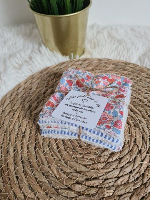 Lot de lingettes lavables en Liberty Theresa et seersucker bleu